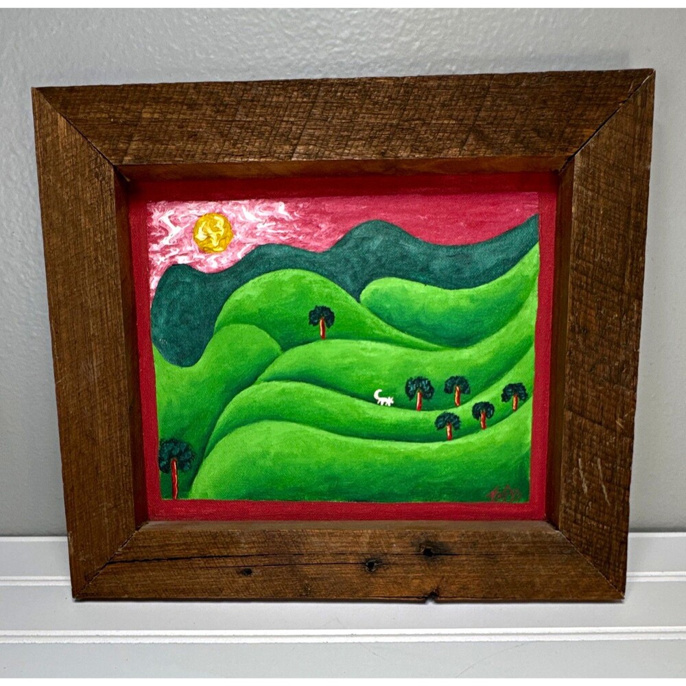 Angela Kirby Original Signed Frizz Framed FolkArt Landscape Canvas Painting11x10